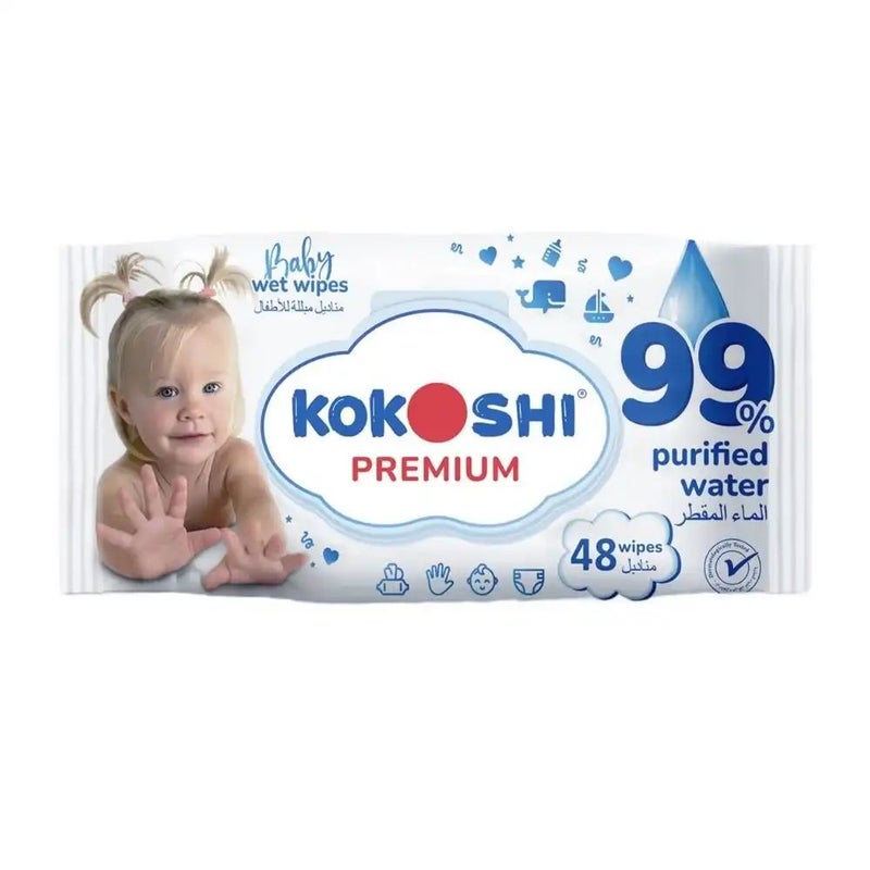 مناديل مبللة للأطفال من كوكوشي، 99% ماء نقي - 48 قطعة